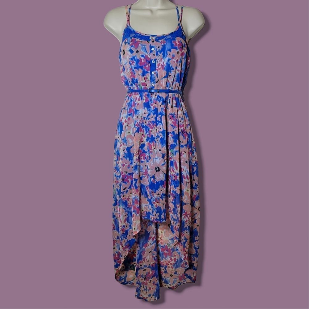 Candie's High-Low Floral Belted Strappy Blue & Pink Dress